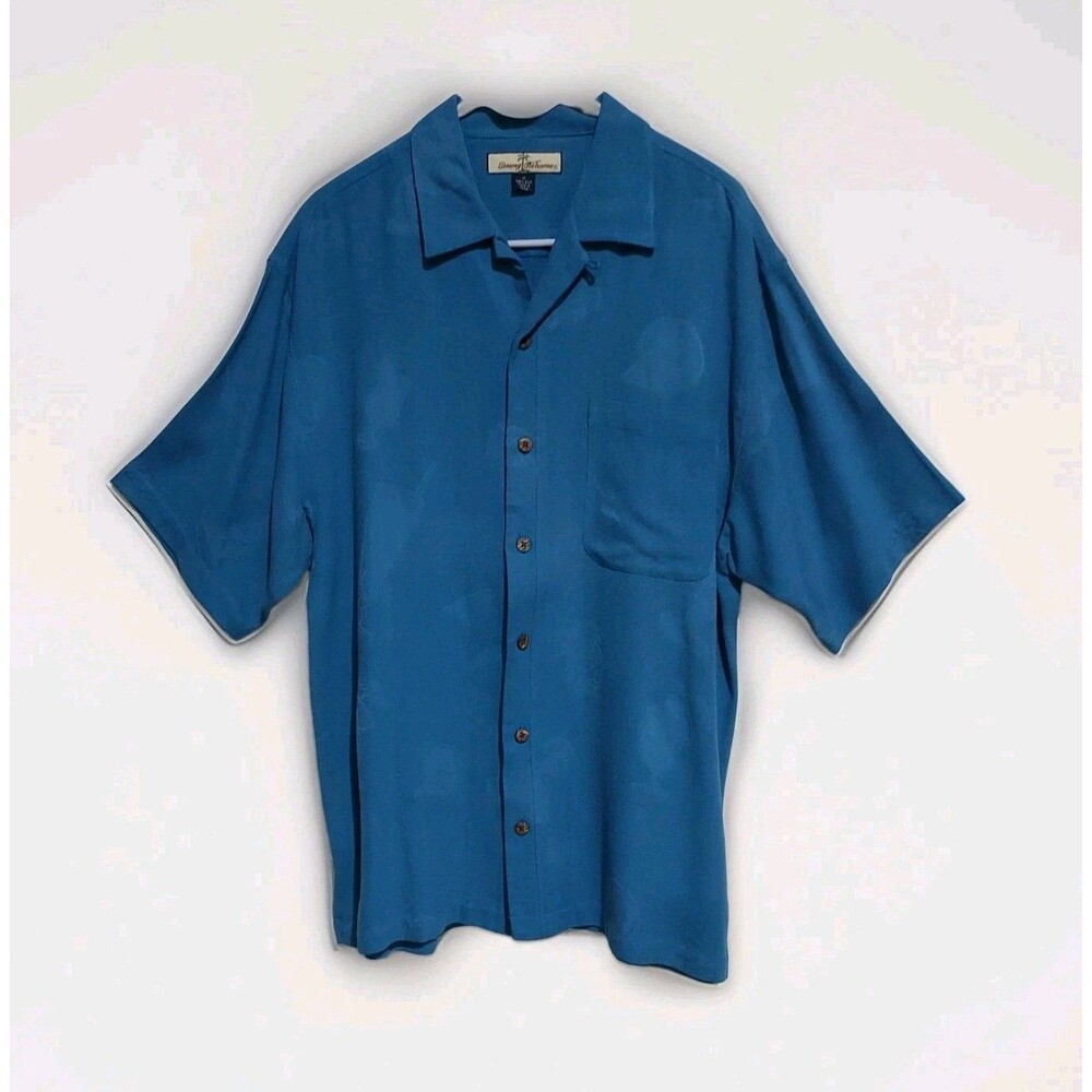 Tommy Bahama Mens Medium Silk Blue Short Sleeve Button Shirt Tropical Motif